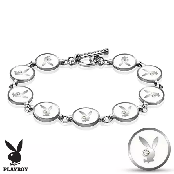 Acél karkötő ezüst színben, fehér karikák Playboy nyuszikkal, cirkóniák
