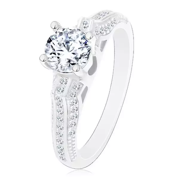 Eljegyzési gyűrű, 925 ezüst, csillogó szárak vékony vonalakkal, átlátszó cirkónia - Nagyság_ 59