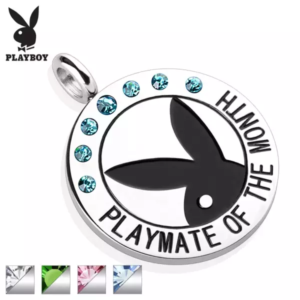 Acél kerek medál ezüst színben, fekete Playboy nyuszi, cirkóniák, felirat - Szín: Átlátszó