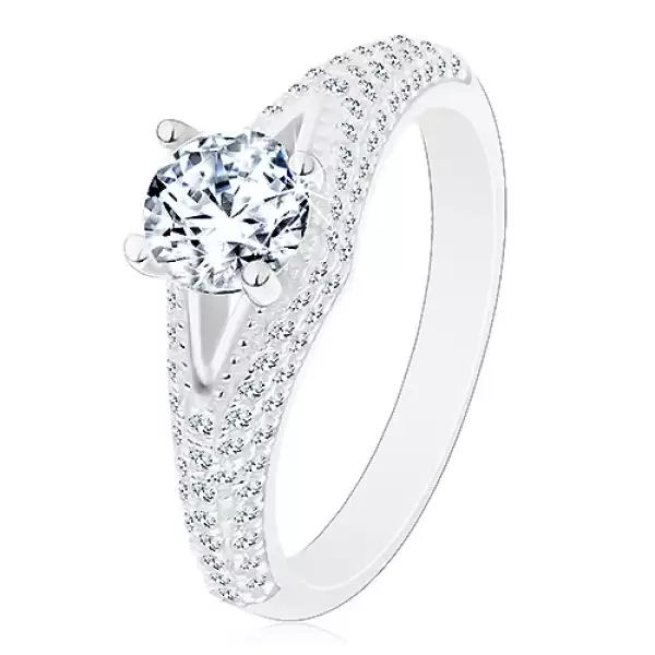 Gyűrű 925 ezüstből - eljegyzési, átlátszó kerek cirkónia, keskeny kivágás, csillogó szárak - Nagyság_ 55