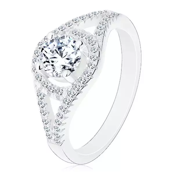 Csillogó eljegyzési gyűrű, 925 ezüst, osztott szárak, kör cirkóniával - Nagyság_ 54