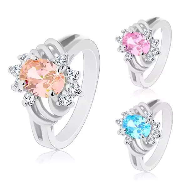 Csillogó gyűrű ezüst színben, nagy színes ovális, vékony ívek és átlátszó cirkóniák - Nagyság_ 60, Szín: Narancssárga 