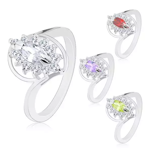 Ezüst színű gyűrű fénylő szárakkal, csiszolt búzaszem alakú cirkónia, átlátszó szegély - Nagyság_ 55, Szín: Világoslila