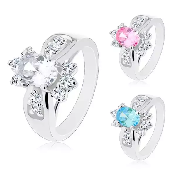 Gyűrű fényes szélesített szárakkal, színes ovális cirkónia, kerek átlátszó cirkóniák - Nagyság_ 50, Szín: Átlátszó