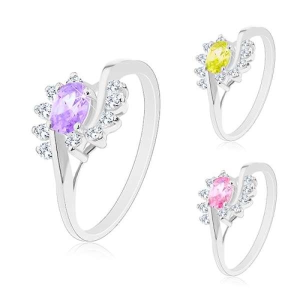 Gyűrű osztott szárakkal, ívek átlátszó cirkóniákból, színes cirkóniás ovális - Nagyság_ 59, Szín: Rózsaszín