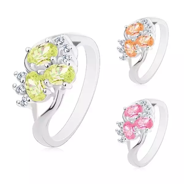 Gyűrű ezüst színben, osztott szárak, színes ovális, átlátszó cirkóniák - Nagyság_ 50, Szín: Rózsaszín