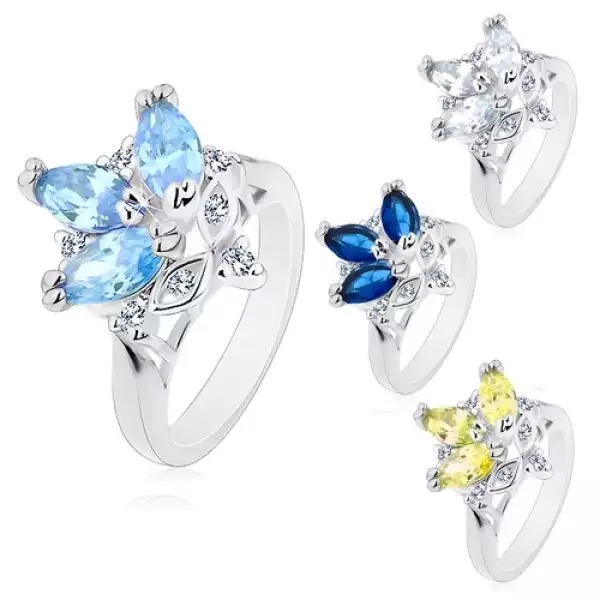Gyűrű fényes szűkített szárakkal, színes csiszolt szemek, átlátszó cirkóniák - Nagyság_ 59, Szín: Átlátszó