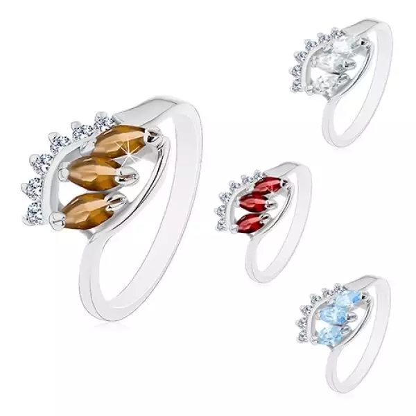 Fénylő gyűrű hajlított szárakkal, három búzaszem alakú színes cirkónia - Nagyság_ 48, Szín: Barna 