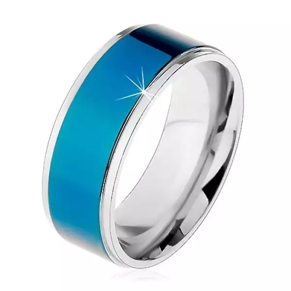 Acél gyűrű, sötétkék sáv, ezüst színű szegély, magas fényesség, 8 mm - Nagyság_ 68