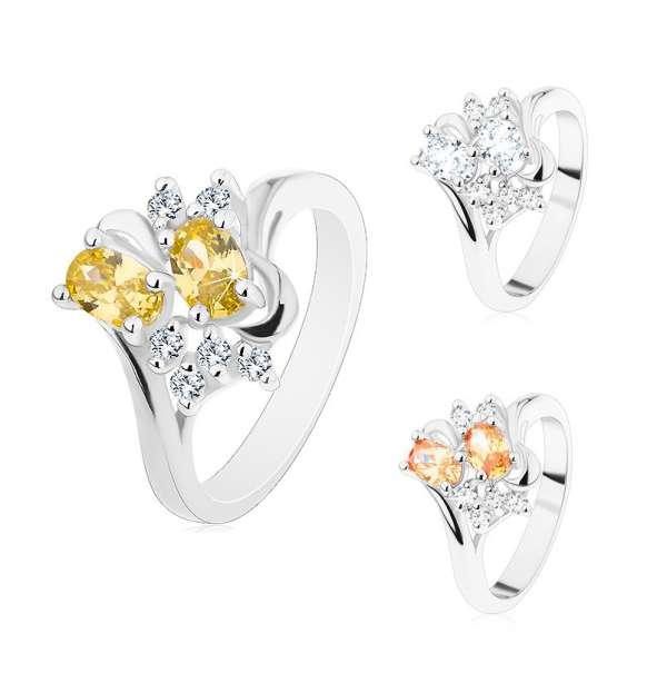 Gyűrű ezüst árnyalatban, két csiszolt ovális és átlátszó cirkóniák - Nagyság_ 56, Szín: Narancssárga 