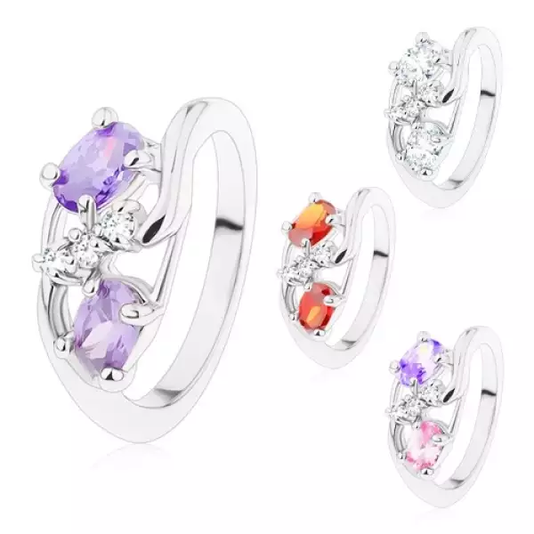 Ezüst színű gyűrű, vékony hajlított szárak, színes ovális és átlátszó cirkóniák - Nagyság_ 54, Szín: Narancssárga 