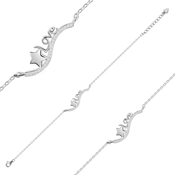 925 ezüst karkötő, hullám átlátszó cirkóniákból, fényes csillag és Love felirat
