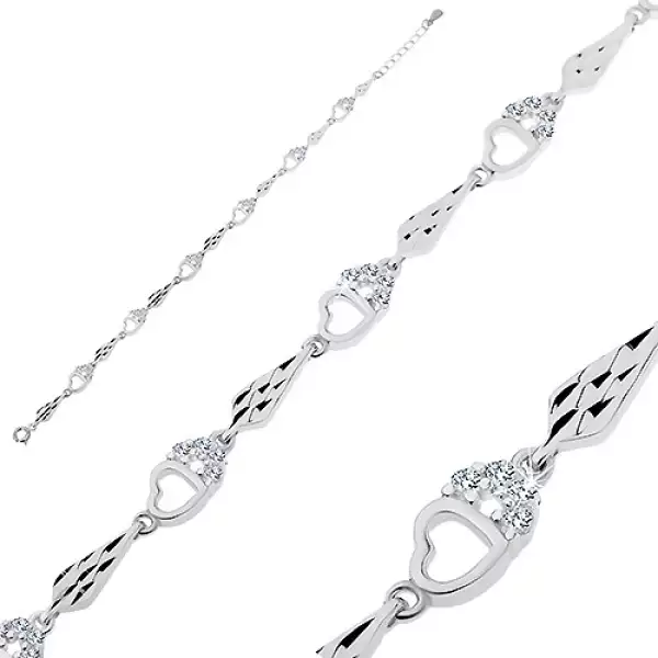 925 ezüst karkötő - fényes szívek és hosszúkás cseppek bemetszésekkel