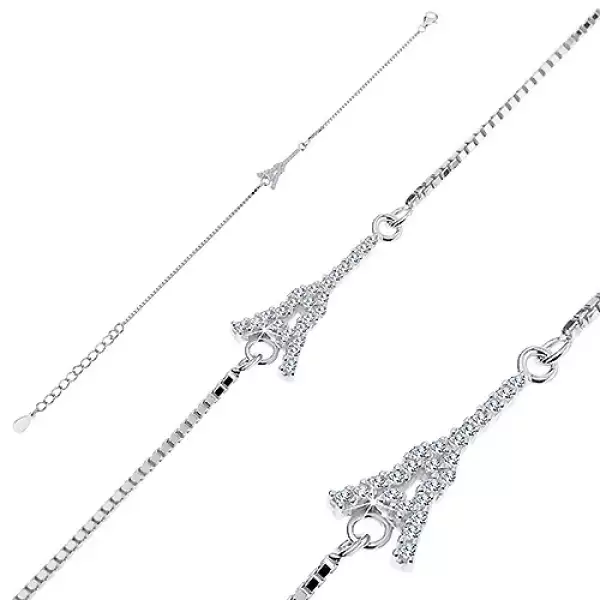 Karkötő 925 ezüstből, Eiffel-torony cirkóniákkal, lánc szögletes szemekből