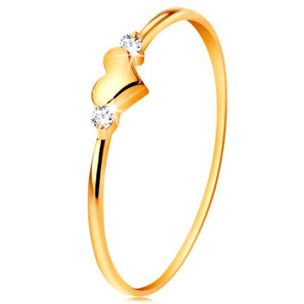 Gyűrű sárga 14K aranyból - két átlátszó cirkónia és fényes kidomborodó szív - Nagyság_ 65