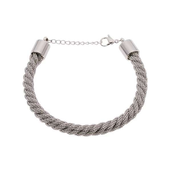 316L acél karkötő, tekert kötél minta, ezüst árnyalat
