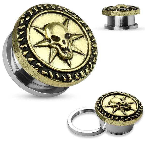 316L acél alagút, tüskékkel körbevett domború koponya, kétszínű kivitel - Vastagság_ 5 mm