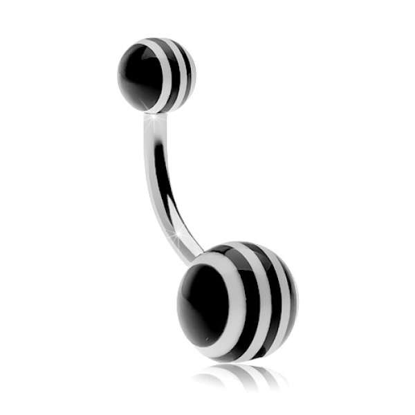 316L acél köldök piercing, fekete-fehér csíkos golyók - A piercing színe: Fekete