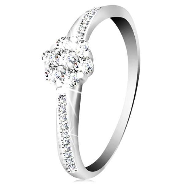 Gyűrű 14K fehér aranyból - fényes virág átlátszó cirkóniákból, díszített szárak - Nagyság_ 58