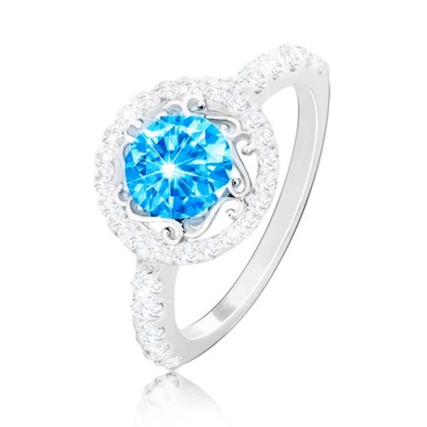 925 ezüst gyűrű - akvamarin cirkónia, ornamentumok, átlátszó cirkóniák - Nagyság_ 64