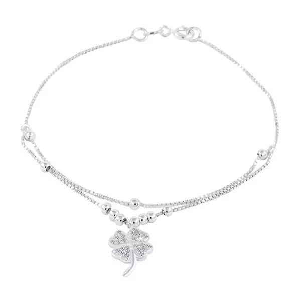 925 ezüst karkötő, négylevelű lóhere cirkóniákkal, kettős lánc