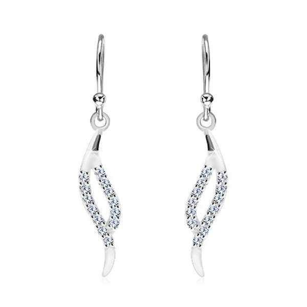 925 ezüst függő fülbevaló - keskeny levél két cirkóniás hullámból