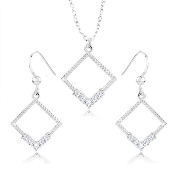 925 ezüst nyaklánc és fülbevaló szett - rombusz körvonala, átlátszó cirkóniák