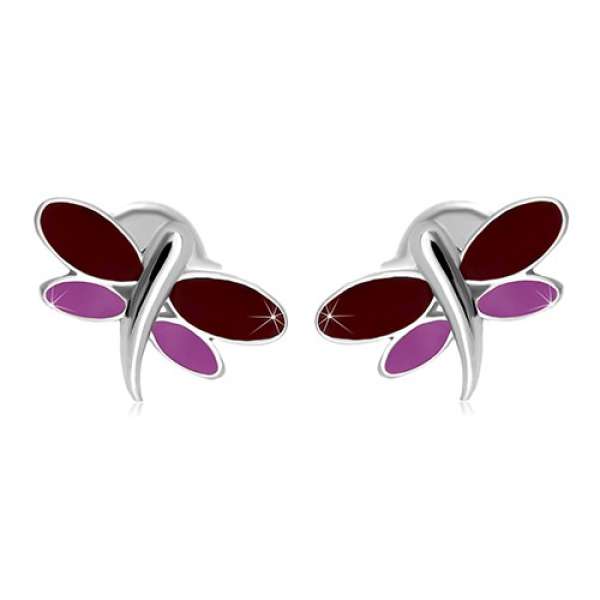 14K fehér arany fülbevaló - szitakötő bordó és lila fénymázzal a szárnyain