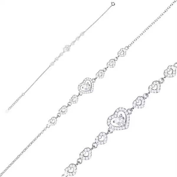 925 ezüst karkötő - cirkónia szívek a nagyobb szív közepén egy cirkóniával