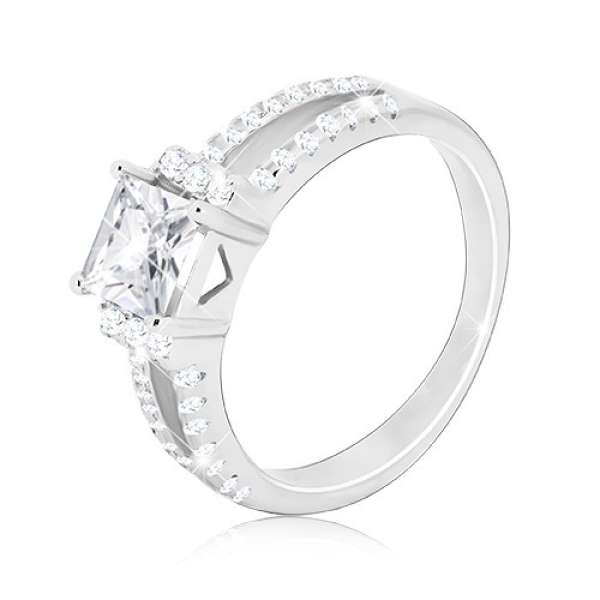 925 ezüst gyűrű - csillogó négyzet alakú cirkónia, ketté ágazó cirkónia sáv - Nagyság_ 64