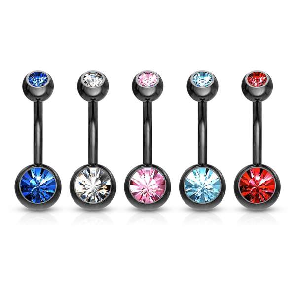 316L acél köldök piercing - banán alakzat fekete színben, színes cirkóniák, 10 mm - A cirkónia színe: Átlátszó - C