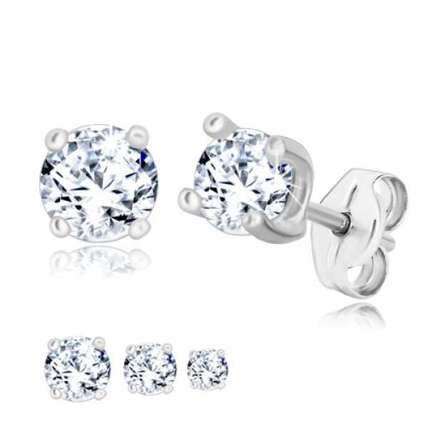 925 ezüst fülbevaló - kerek átlátszó cirkónia négyzet alakú foglalatban - A cirkónia nagysága: 6 mm