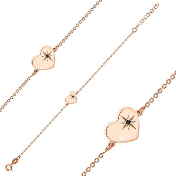 925 ezüst rózsaszín árnyalatú karkötő - fényes szív, Sarkcsillag, fekete gyémánt
