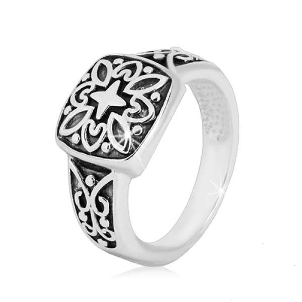 925 ezüst gyűrű - díszes négyzet vésett mintával és patinával - Nagyság_ 60