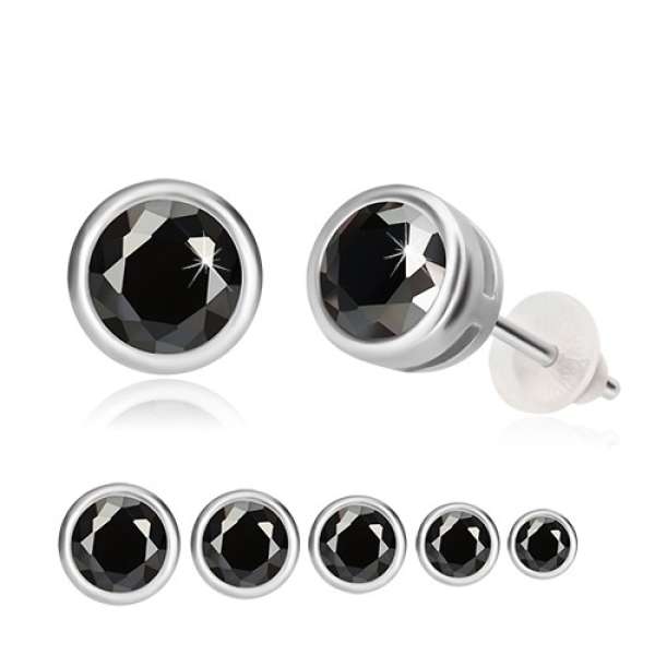 925 ezüst fülbevaló - fekete cirkónia, kerek foglalat, bedugós fülbevaló - Fej: 6 mm
