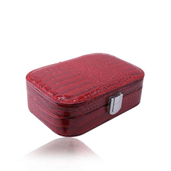 Piros ékszerdoboz krokodil mintás műbőrből - téglalap, kapocs