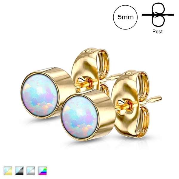 316L acél fülbevaló - szivárvány szintetikus opál, stekkeres, 5 mm - Szín: Arany