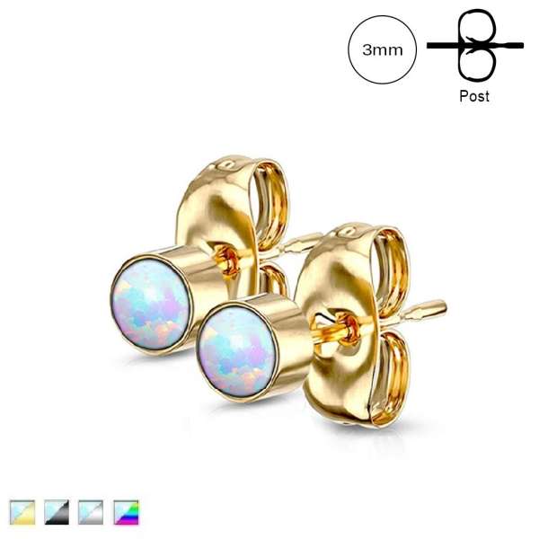 316L acél fülbevaló - szivárvány szintetikus opál, stekkeres, 3 mm - Szín: Fekete 