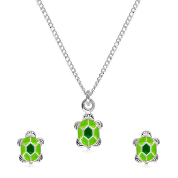 925 ezüst két részes szett - nyaklánc és fülbevaló, teknős zöld fénymázzal a páncélján