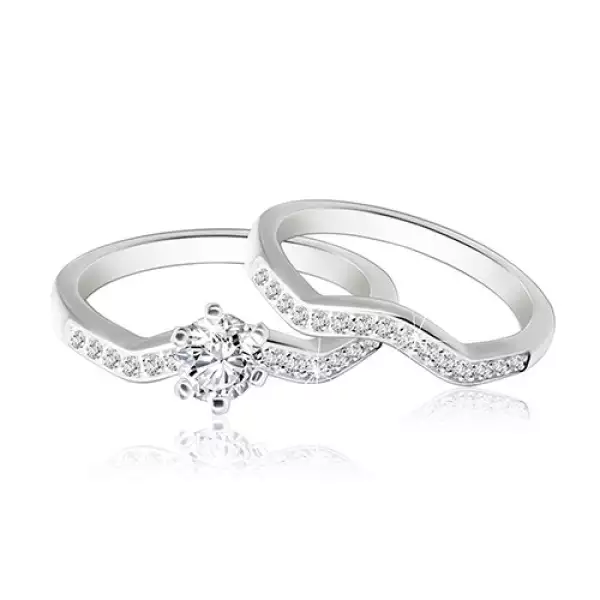 Két részes 925 ezüst szett karikagyűrű és gyűrű - hullámos cirkóniás vonal, csillogó kerek cirkónia - Nagyság_ 56