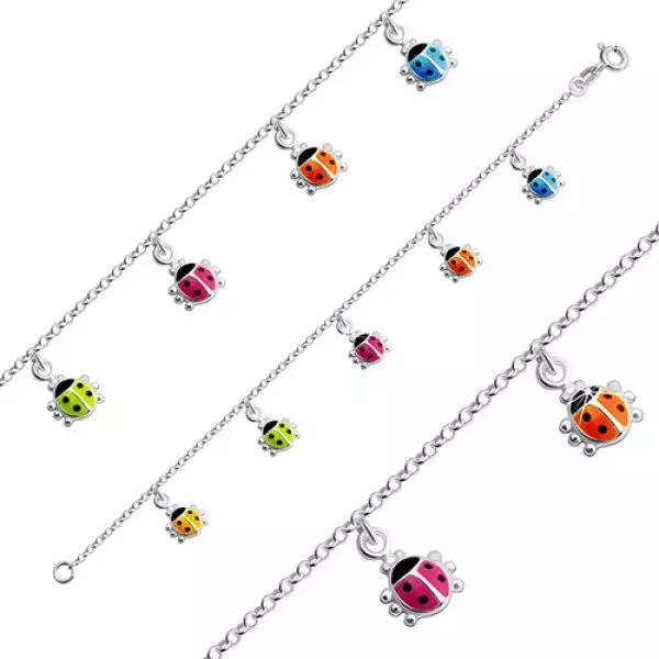 925 ezüst gyerek karkötő - pöttyös katicák különböző színű fénymázzal díszítve
