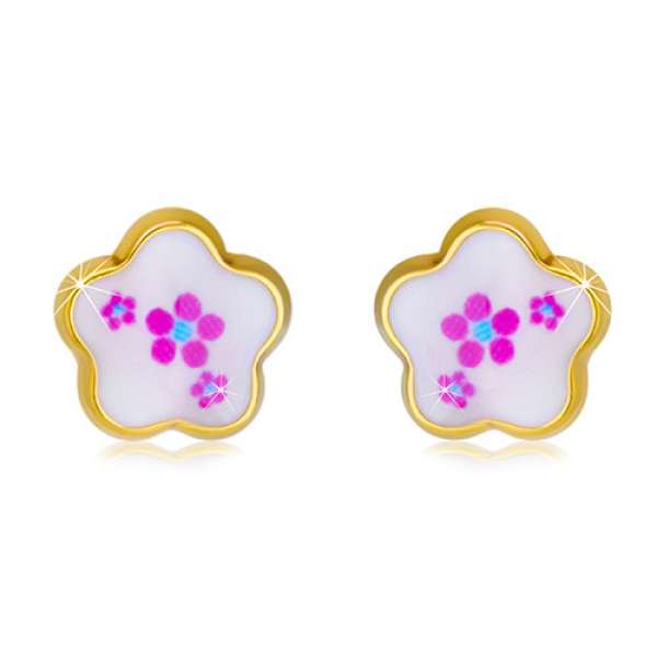 14K sárga arany fülbevaló - virág fehér fénymázzal és fényes körvonallal