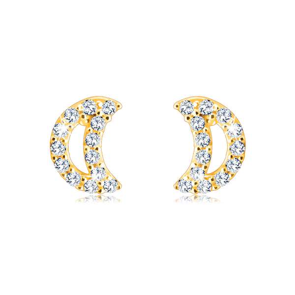 Beszúrós fülbevaló 9K aranyból – félhold kerek cirkóniákkal kirakva, sima felület