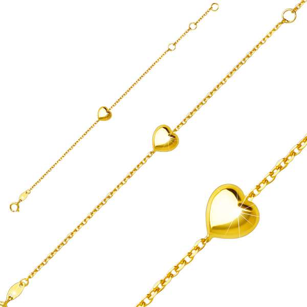 Gyerek karkötő 9K sárga aranyból – fényes sima szív, rugós karika kapocs