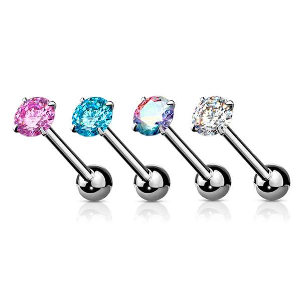 316L acél nyelv piercing - ezüst színű, sima súlyzó forma, kerek cirkónia, PVD bevonat technológia - A cirkónia színe: Átlátszó - C
