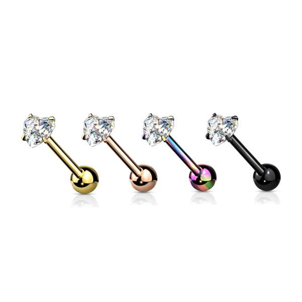 316L Acél nyelv piercing - egyenes súlyzó, csillogó szív alakú cirkónia, PVD bevonat technológiával. - A piercing színe: Szivárvány