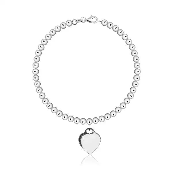 925 Ezüst karkötő - gyöngylánc, szív alakú medál, homár karos zár