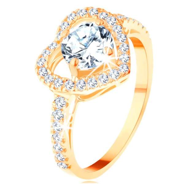 Gyűrű 14K sárga aranyból - nagy csillogó szívkörvonal kerek cirkóniákkal - Nagyság_ 63