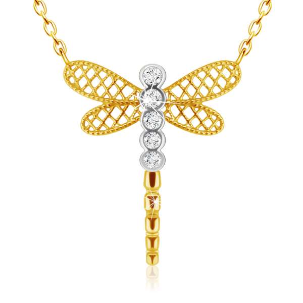 Gyémánt nyaklánc kombinált 585 aranyból - szitakötő szárnyakkal, átlátszó gyémántokkal