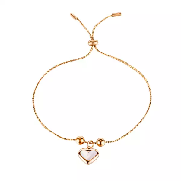 Acél karkötő, rézt színű - vékony lánc, sima golyók, medál szív